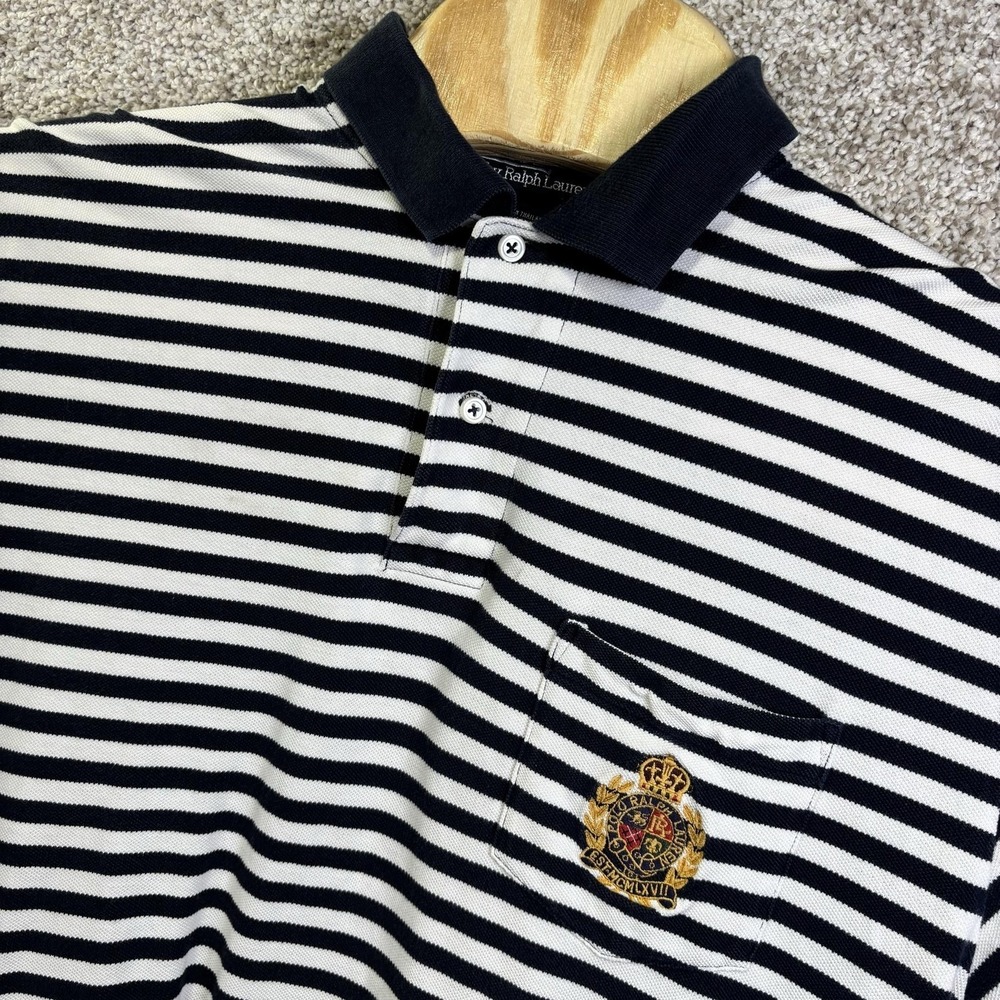Polo By Ralph Lauren Polo Shirt Mens Large Blue Stripe Crest Pocket Knit Logo